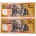 AUSTRALIA 1999 . FIFTY 50 DOLLARS BANKNOTE . EVANS/MacFARLANE . CONSECUTIVE PAIR . LAST PREFIX PE99
